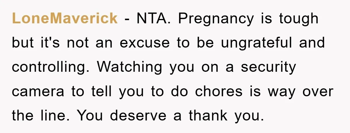 LoneMaverick - NTA. Pregnancy is tough but it's not an excuse to be ungrateful and controlling. Watching you on a security camera to tell you to do chores is way...