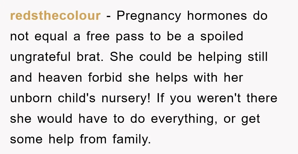 redsthecolour - Pregnancy hormones do not equal a free pass to be a spoiled ungrateful brat. She could be helping still and heaven forbid she helps with her unborn child's...