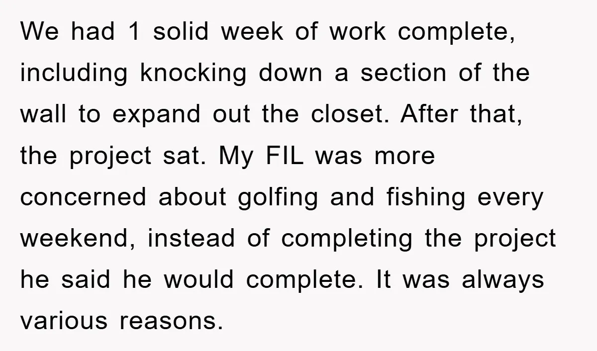 We had 1 solid week of work complete, including knocking down a section of the wall to expand out the closet. After that, the project sat. My FIL was more...