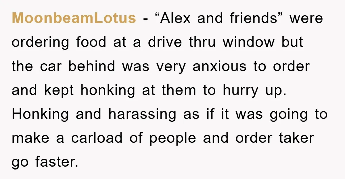 MoonbeamLotus − “Alex and friends” were ordering food at a drive thru window but the car behind was very anxious to order and kept honking at them to hurry up....