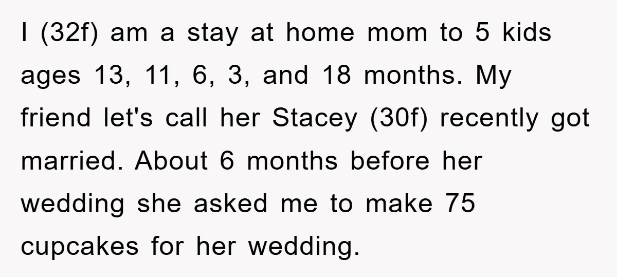 I (32f) am a stay at home mom to 5 kids ages 13, 11, 6, 3, and 18 months. My friend let's call her Stacey (30f) recently got married. About...