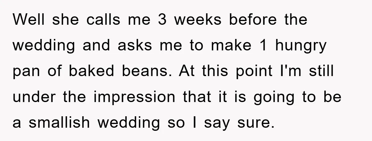 Well she calls me 3 weeks before the wedding and asks me to make 1 hungry pan of baked beans. At this point I'm still under the impression that it...