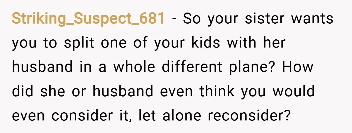 Striking_Suspect_681 − So your sister wants you to split one of your kids with her husband in a whole different plane? How did she or husband even think you would...