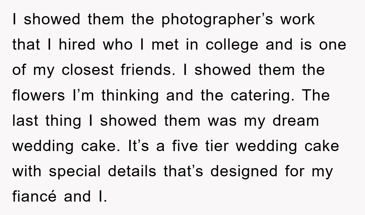 I showed them the photographer’s work that I hired who I met in college and is one of my closest friends. I showed them the flowers I’m thinking and the...