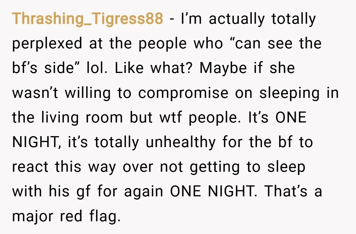 Thrashing_Tigress88 − I’m actually totally perplexed at the people who “can see the bf’s side” lol. Like what? Maybe if she wasn’t willing to compromise on sleeping in the living...