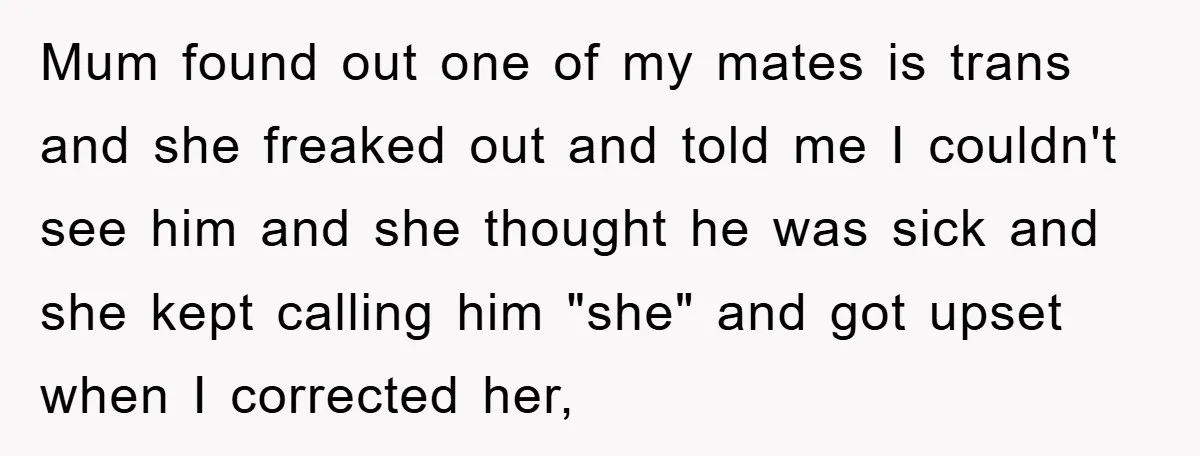 Mum found out one of my mates is trans and she freaked out and told me I couldn't see him and she thought he was sick and she kept calling...