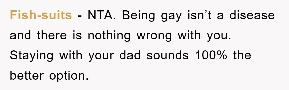 Fish-suits − NTA. Being gay isn’t a disease and there is nothing wrong with you. Staying with your dad sounds 100% the better option.