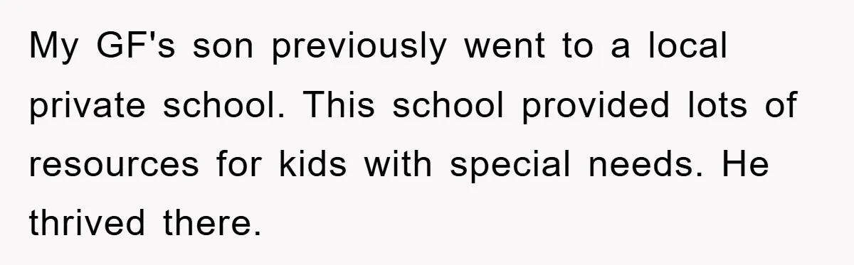 My GF's son previously went to a local private school. This school provided lots of resources for kids with special needs. He thrived there.