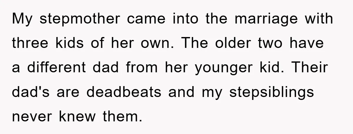 My stepmother came into the marriage with three kids of her own. The older two have a different dad from her younger kid. Their dad's are deadbeats and my stepsiblings...