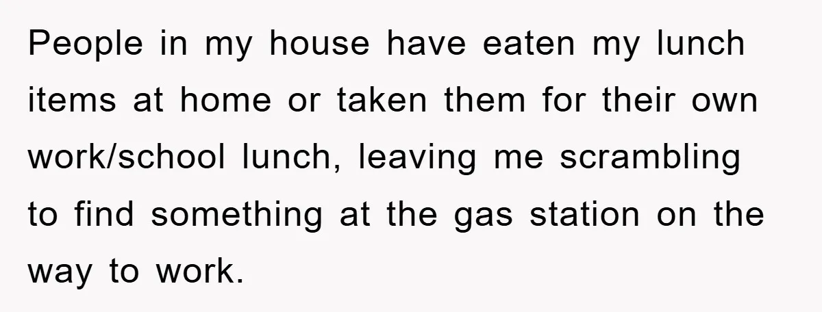 People in my house have eaten my lunch items at home or taken them for their own work/school lunch, leaving me scrambling to find something at the gas station on...