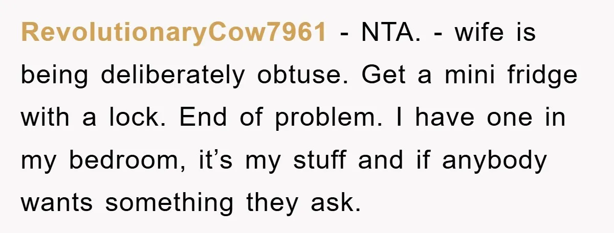 RevolutionaryCow7961 − NTA. - wife is being deliberately obtuse. Get a mini fridge with a lock. End of problem. I have one in my bedroom, it’s my stuff and if...