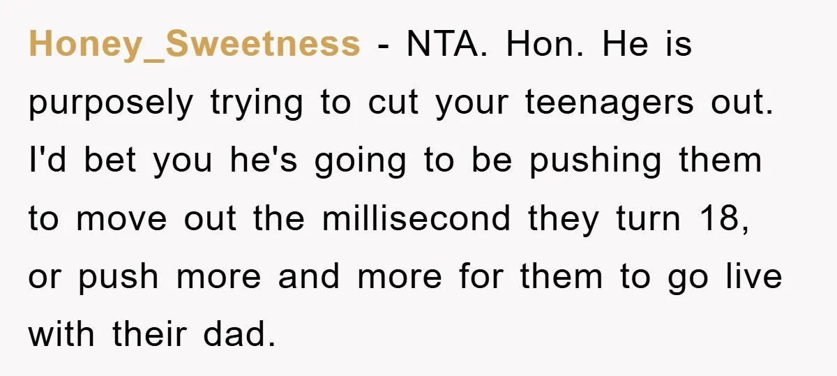 Honey_Sweetness − NTA. Hon. He is purposely trying to cut your teenagers out. I'd bet you he's going to be pushing them to move out the millisecond they turn 18,...