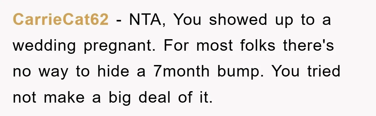 CarrieCat62 − NTA, You showed up to a wedding pregnant. For most folks there's no way to hide a 7month bump. You tried not make a big deal of it.