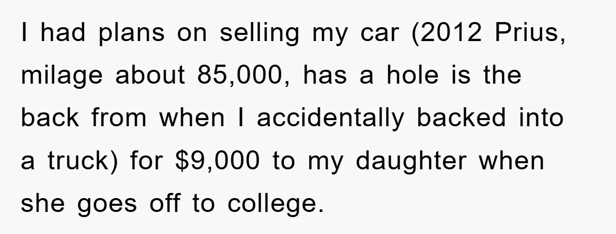 I had plans on selling my car (2012 Prius, milage about 85,000, has a hole is the back from when I accidentally backed into a truck) for $9,000 to my...