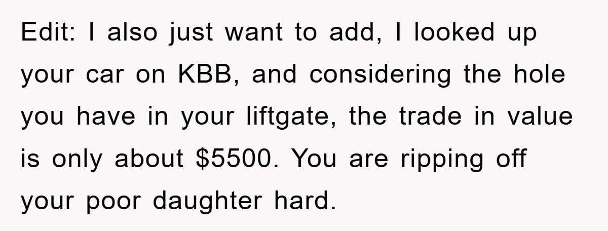 Edit: I also just want to add, I looked up your car on KBB, and considering the hole you have in your liftgate, the trade in value is only about...