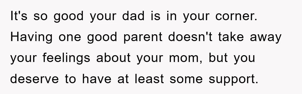 It's so good your dad is in your corner. Having one good parent doesn't take away your feelings about your mom, but you deserve to have at least some support.