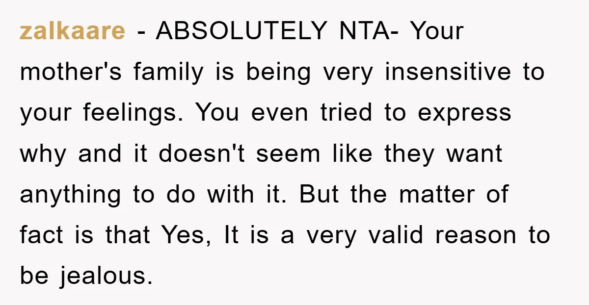zalkaare − ABSOLUTELY NTA- Your mother's family is being very insensitive to your feelings. You even tried to express why and it doesn't seem like they want anything to do...