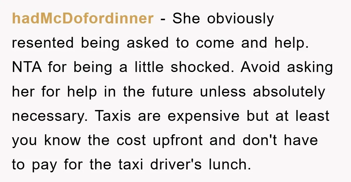 hadMcDofordinner - She obviously resented being asked to come and help. NTA for being a little shocked. Avoid asking her for help in the future unless absolutely necessary. Taxis are...