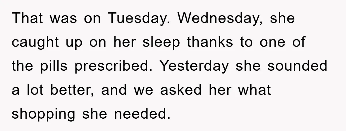 That was on Tuesday. Wednesday, she caught up on her sleep thanks to one of the pills prescribed. Yesterday she sounded a lot better, and we asked her what shopping...