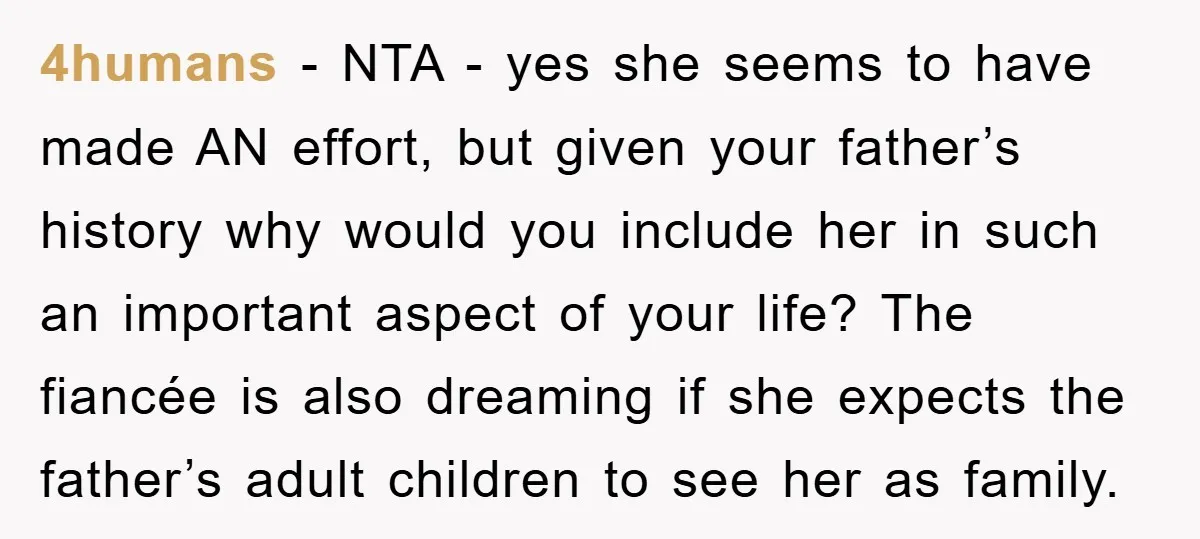 4humans − NTA - yes she seems to have made AN effort, but given your father’s history why would you include her in such an important aspect of your life?...