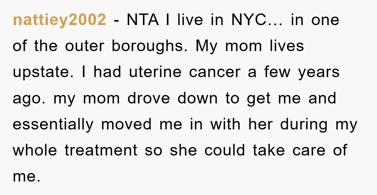 nattiey2002 - NTA I live in NYC… in one of the outer boroughs. My mom lives upstate. I had uterine cancer a few years ago. my mom drove down to...
