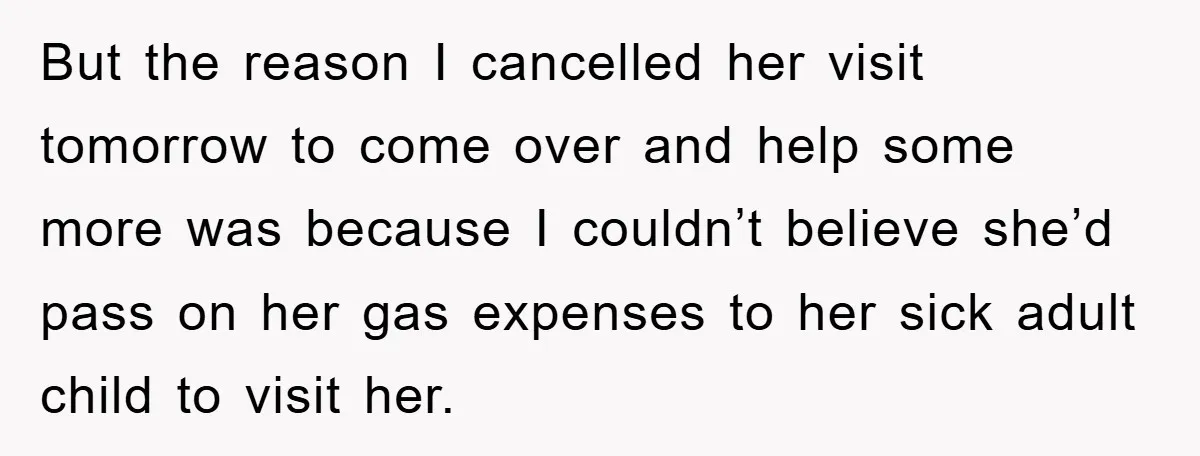 But the reason I cancelled her visit tomorrow to come over and help some more was because I couldn’t believe she’d pass on her gas expenses to her sick adult...