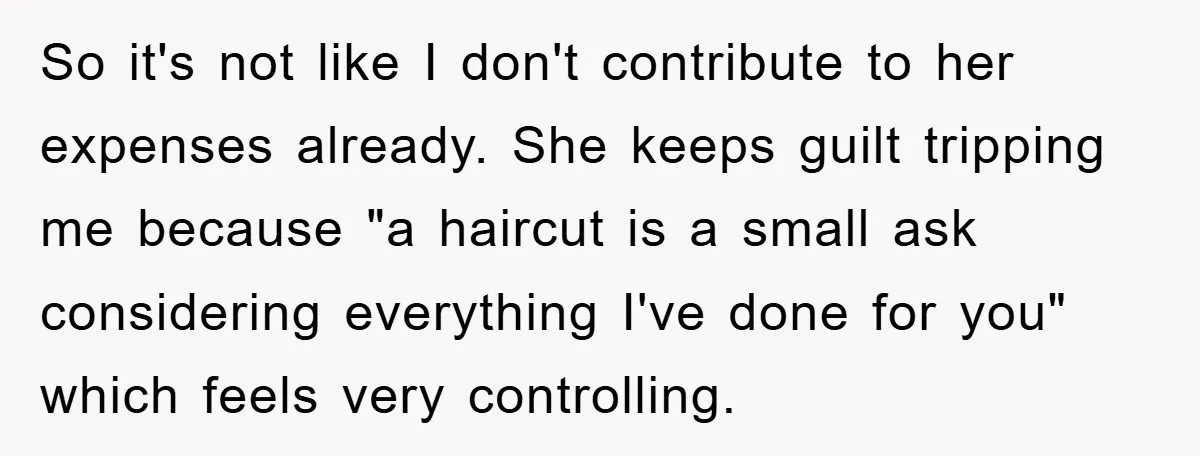 So it's not like I don't contribute to her expenses already. She keeps guilt tripping me because "a haircut is a small ask considering everything I've done for you" which...