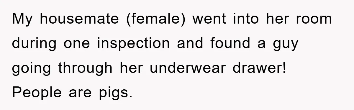 My housemate (female) went into her room during one inspection and found a guy going through her underwear drawer! People are pigs.