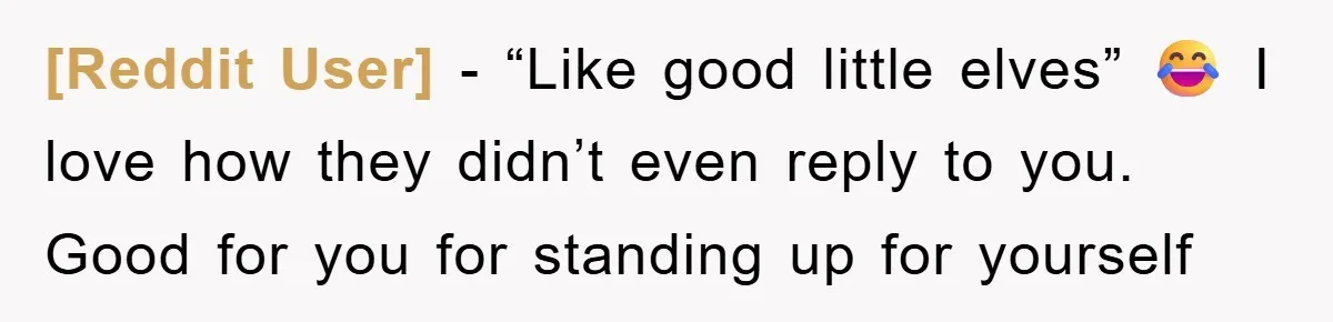 [Reddit User] - “Like good little elves” 😂 I love how they didn’t even reply to you. Good for you for standing up for yourself