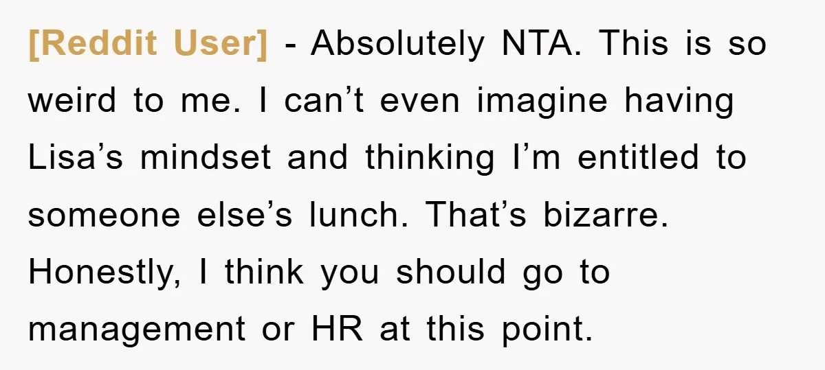 [Reddit User] − Absolutely NTA. This is so weird to me. I can’t even imagine having Lisa’s mindset and thinking I’m entitled to someone else’s lunch. That’s bizarre. Honestly, I...