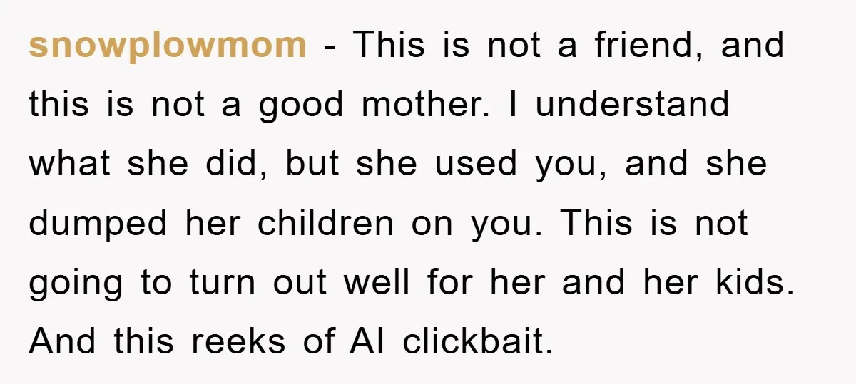snowplowmom - This is not a friend, and this is not a good mother. I understand what she did, but she used you, and she dumped her children on you....