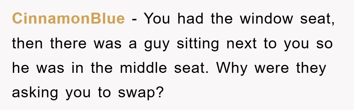 CinnamonBlue − You had the window seat, then there was a guy sitting next to you so he was in the middle seat. Why were they asking you to swap?