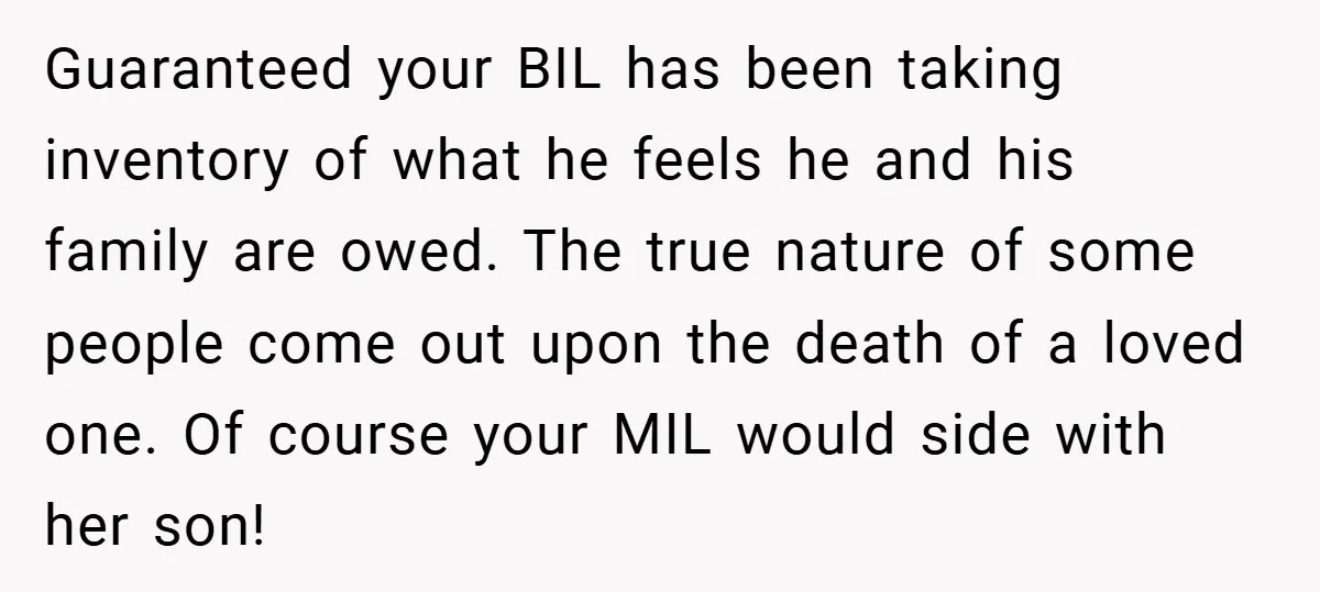 Guaranteed your BIL has been taking inventory of what he feels he and his family are owed. The true nature of some people come out upon the death of a...