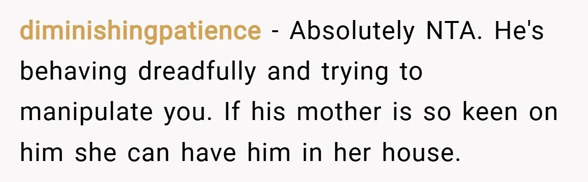 diminishingpatience − Absolutely NTA. He's behaving dreadfully and trying to manipulate you. If his mother is so keen on him she can have him in her house.