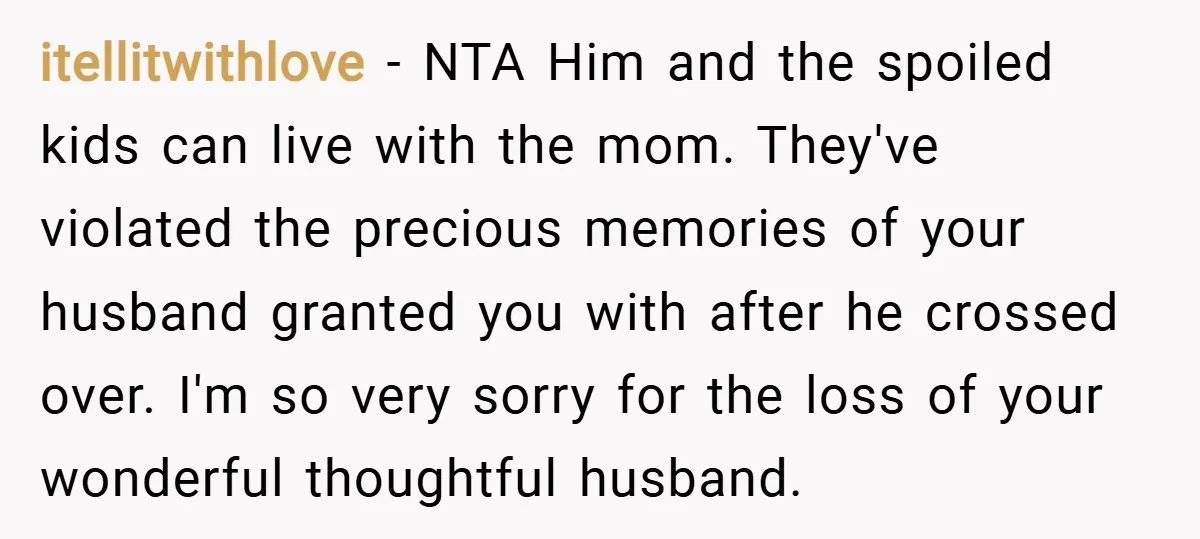 itellitwithlove − NTA Him and the spoiled kids can live with the mom. They've violated the precious memories of your husband granted you with after he crossed over. I'm so...