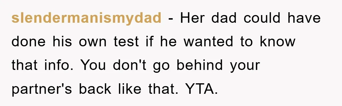 slendermanismydad − Her dad could have done his own test if he wanted to know that info. You don't go behind your partner's back like that. YTA.