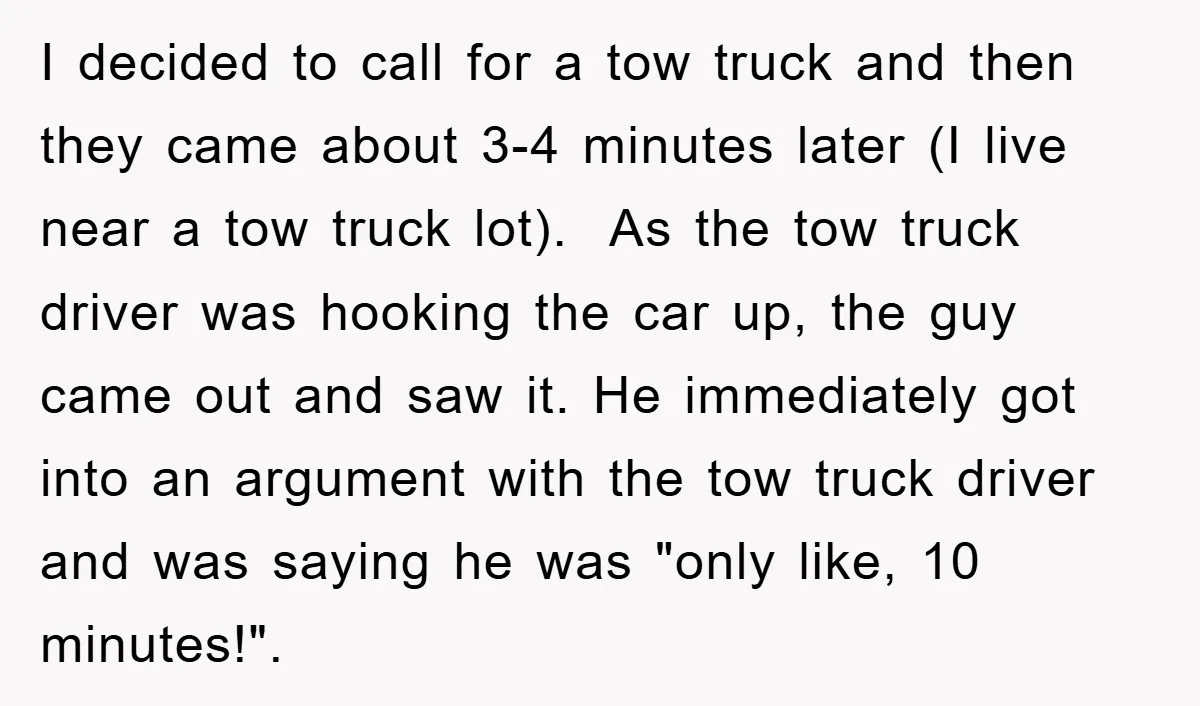 I decided to call for a tow truck and then they came about 3-4 minutes later (I live near a tow truck lot). As the tow truck driver was hooking...