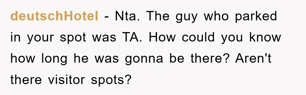deutschHotel − Nta. The guy who parked in your spot was TA. How could you know how long he was gonna be there? Aren't there visitor spots?