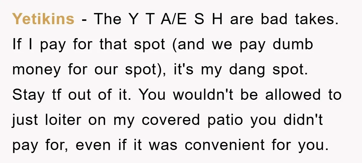 Yetikins − The Y T A/E S H are bad takes. If I pay for that spot (and we pay dumb money for our spot), it's my dang spot. Stay...