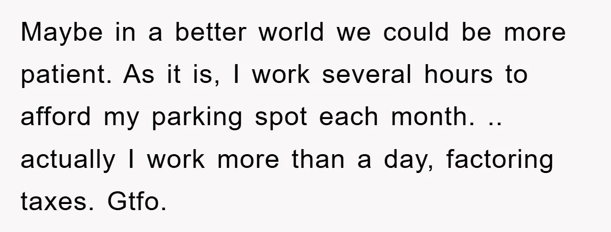 Maybe in a better world we could be more patient. As it is, I work several hours to afford my parking spot each month. .. actually I work more than...