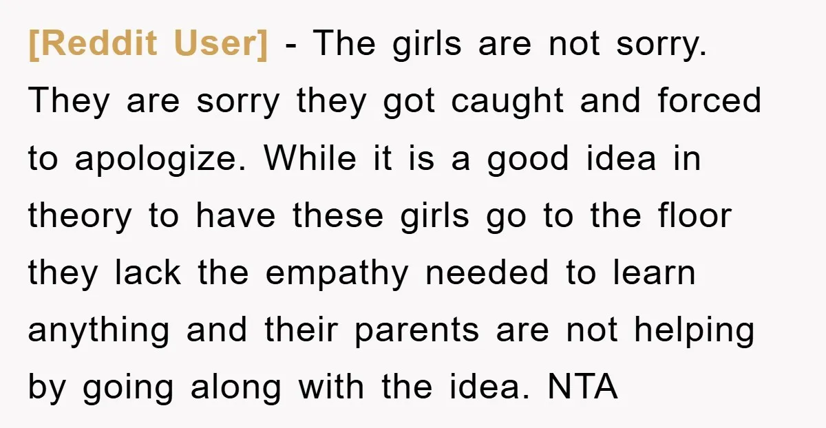 [Reddit User] - The girls are not sorry. They are sorry they got caught and forced to apologize. While it is a good idea in theory to have these girls...