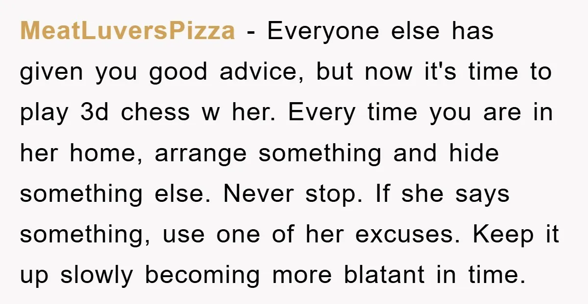 MeatLuversPizza − Everyone else has given you good advice, but now it's time to play 3d chess w her. Every time you are in her home, arrange something and hide...