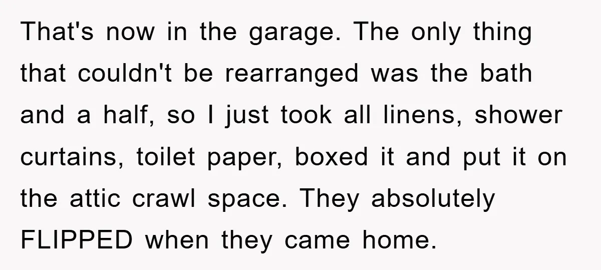 That's now in the garage. The only thing that couldn't be rearranged was the bath and a half, so I just took all linens, shower curtains, toilet paper, boxed it...