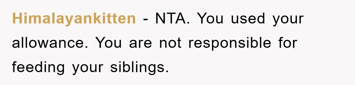 Himalayankitten − NTA. You used your allowance. You are not responsible for feeding your siblings.