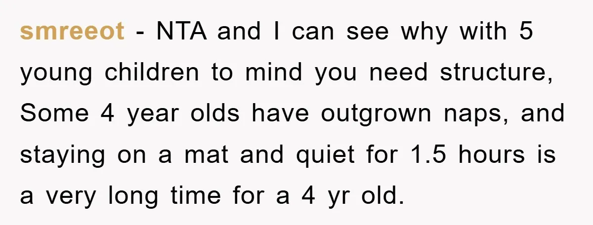 smreeot − NTA and I can see why with 5 young children to mind you need structure, Some 4 year olds have outgrown naps, and staying on a mat and...