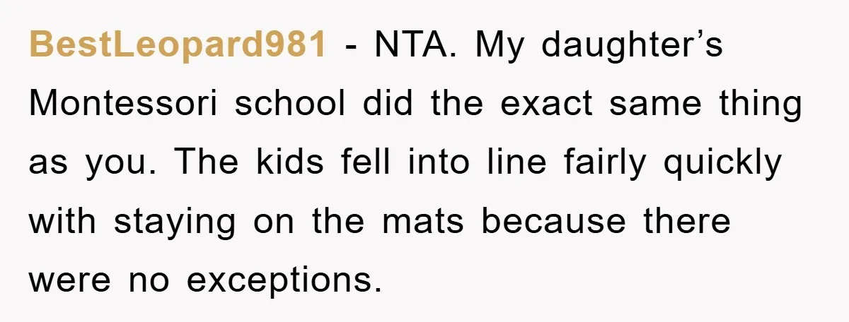 BestLeopard981 − NTA. My daughter’s Montessori school did the exact same thing as you. The kids fell into line fairly quickly with staying on the mats because there were no...