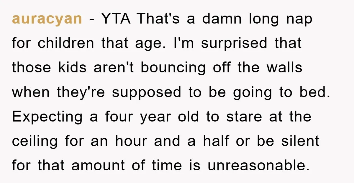 auracyan − YTA That's a damn long nap for children that age. I'm surprised that those kids aren't bouncing off the walls when they're supposed to be going to bed....