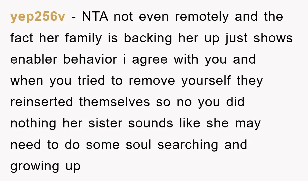 yep256v − NTA not even remotely and the fact her family is backing her up just shows enabler behavior i agree with you and when you tried to remove yourself...