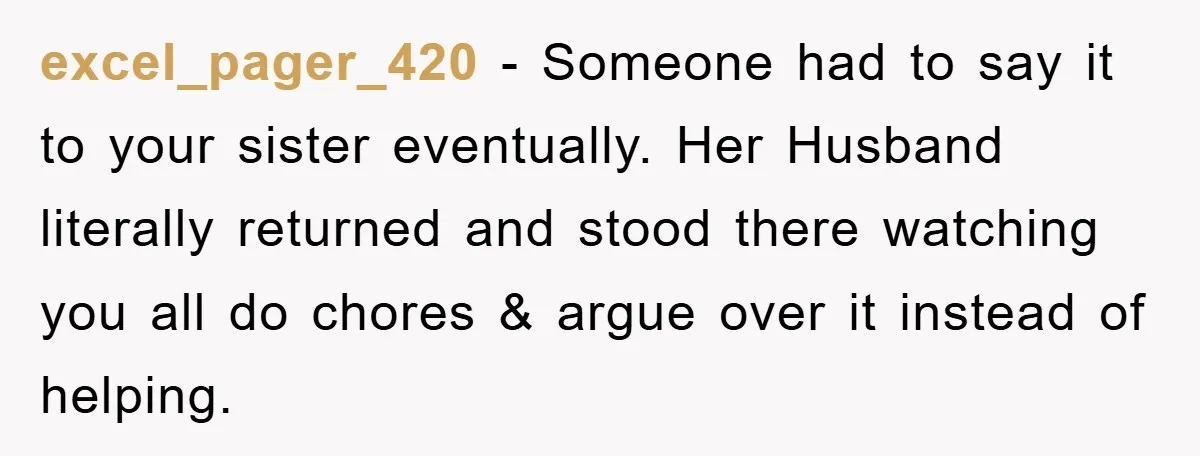 excel_pager_420 - Someone had to say it to your sister eventually. Her Husband literally returned and stood there watching you all do chores & argue over it instead of helping.