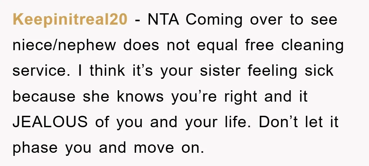 Keepinitreal20 - NTA Coming over to see niece/nephew does not equal free cleaning service. I think it’s your sister feeling sick because she knows you’re right and it JEALOUS of...